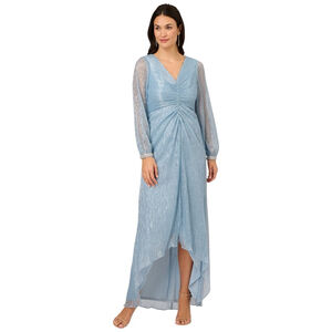ADRIANNA PAPELL Metallic Crinkle High-Low Gown Belize Blue Size 4 NWT MSRP $229